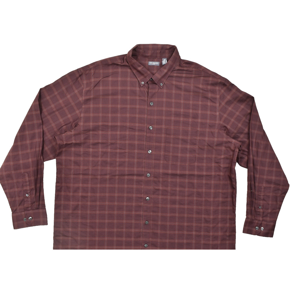 Van Heusen Flex Men 2XLT Tall Maroon Plaid Long Sleeve Button Down Shirt Stretch